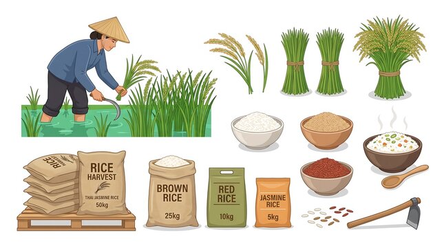 Vector set of rice production, featuring a farmer harvesting in a paddy field, sheafs, varieties of grain, packaged sacks, and cooked bowls.