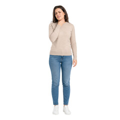 Obraz premium A woman with throbbing pain in her throat touching the neck isolated on transparent background PNG element