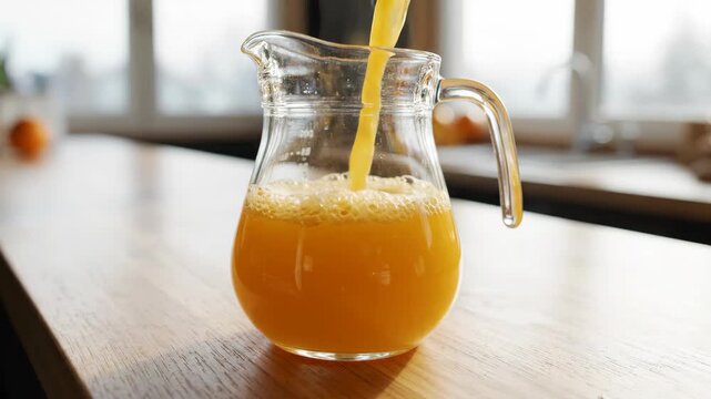 Freshly squeezed orange juice pouring into a glass pitcher on a sunlit wooden kitchen counter during a natural morning breakfast scene