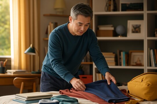 Middle aged Asian man folding clothes on a bed. Male adult packing a yellow backpack for a trip or doing domestic laundry chores