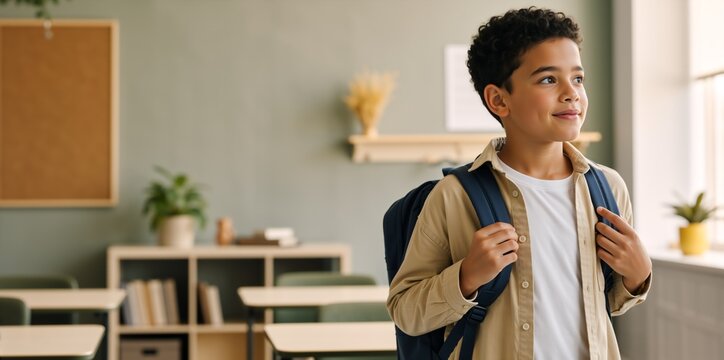 Smiling schoolboy with backpack standing in classroom. Young boy with curly hair ready for school. Back to school and elementary education concept