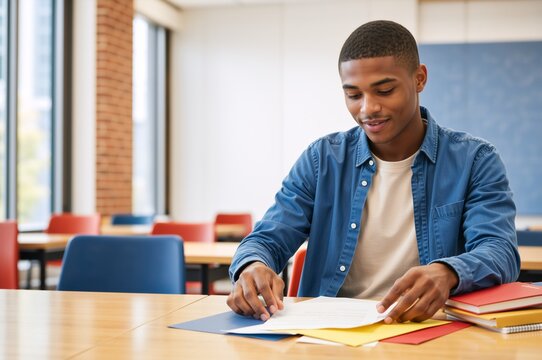 Young Black male student studying in a classroom. Happy African American college man reading documents at a desk. Higher education and learning concept