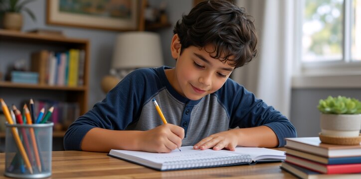Young boy doing homework and writing in a notebook at a desk. Smiling student studying at home with a pencil and books. Education and learning concept