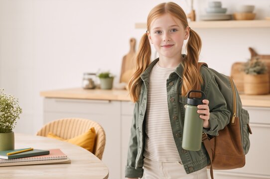 Portrait of a young Caucasian girl with a backpack holding a green reusable water bottle. Red haired female student ready for school in a modern kitchen. Back to school and hydration concept