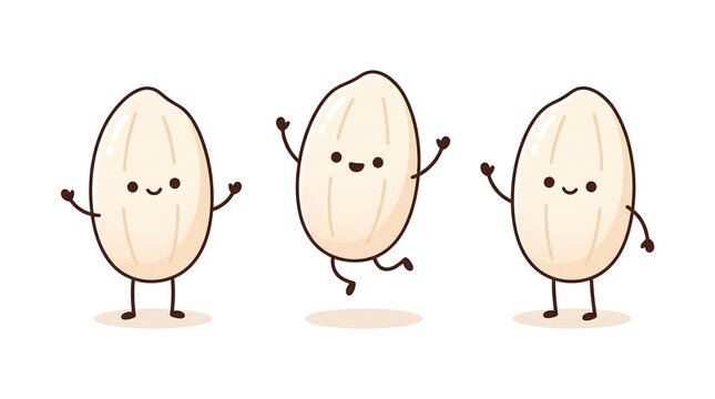 Three cute cartoon rice grain characters with friendly happy faces waving and jumping with joy, isolated on a clean white background.