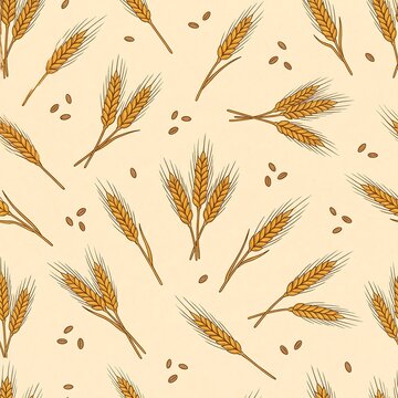 Seamless vector pattern featuring hand-drawn golden wheat ears and grains scattered on a warm beige background, perfect for rustic packaging, bakery branding, and autumn designs.