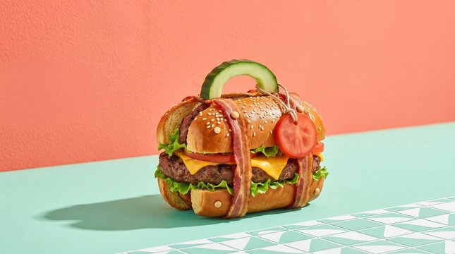 A cheeseburger shaped as a suitcase features bacon straps, a cucumber handle and tomato tag on a pastel set. Concept for food art, travel ads, packaging and editorial design. Generative AI.