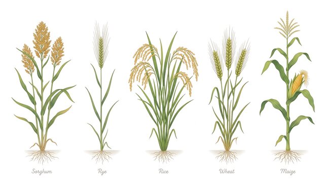 A botanical illustration displaying cereal grain plants: sorghum, rye, rice, wheat, and maize, with roots and labels against a white background.