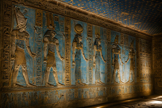 Abydos Temple of Seti I with blue painted reliefs inside, ancient Egyptian art
