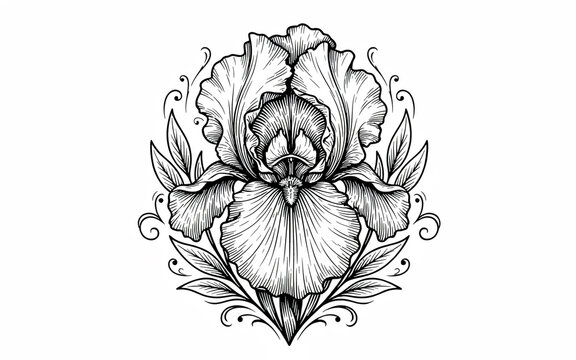 Elegant Black and White Botanical Illustration of an Iris Flower with Delicate Swirl Designs Surrounding Petals