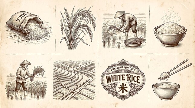 Vintage vintage-style engravings showing rice farming, sack of grains, field terraces, harvested crops, and steaming bowl.