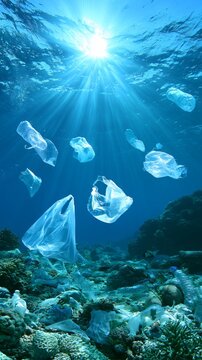 Plastic bags floating in ocean polluting coral reef
