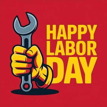 Happy labor day illustration featuring a hand holding a metal wrench on a bold red background