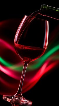 Red wine pouring into glass with abstract light trails