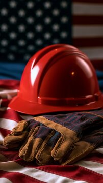 Red hard hat and work gloves on american flag
