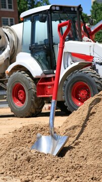 Shovel standing in dirt pile symbolizing groundbreaking construction