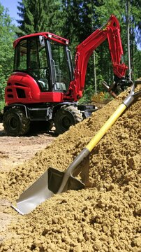 Red excavator working on construction site with shovel
