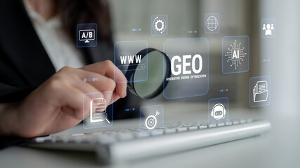 Obraz premium Business Person Analyzing Digital Data with Magnifying Glass for Geo-Targeted Optimization in Modern Workplace Environment. Glyphic.