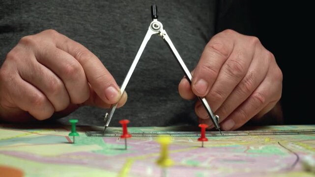 Hands of a person using a compass to measure distances on a colorful map with multiple push pins in various colors, showcasing the precision of mapping techniques in a focused workspace