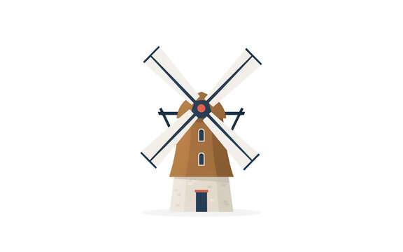 Illustrated vintage windmill with four blades and stone base standing against transparent background