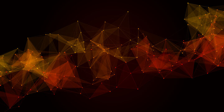Dense orange and red polygonal plexus mesh network on dark background