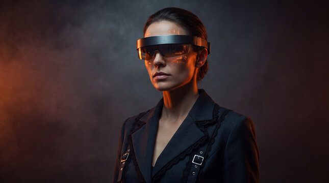 Retrato futurista con visor de realidad virtual blanco, iluminaci&oacute;n ne&oacute;n, fondo oscuro