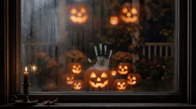 Halloween window view with glowing jack o lanterns and white handprint, pumpkins