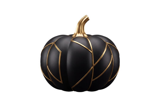 Calabaza negra elegante con detalles dorados met&aacute;licos, decoraci&oacute;n de lujo, fondo transparente, PNG