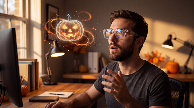 Hombre con gafas de realidad aumentada viendo holograma de calabaza de Halloween