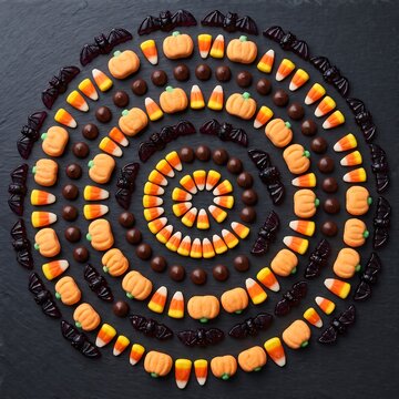 Halloween candy circles pattern with gummy bats candy corn chocolates, halloween