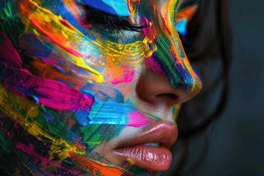 Close up of a woman's face adorned with vibrant strokes of paint, showcasing artistic makeup and creative expression