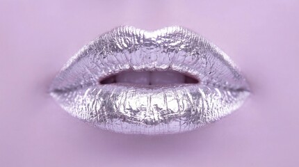 Fototapeta premium A macro shot of human lips covered in textured silver metallic makeup against a soft purple background.