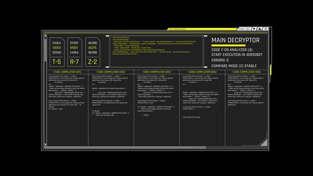 Futuristic Code Decryption Interface With Multi Panel Source Code Analysis