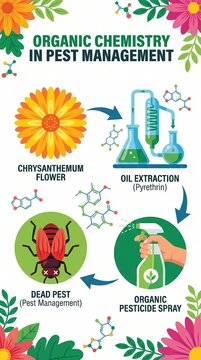 Infographic illustrating the extraction of pyrethrin from chrysanthemum flowers to create organic pesticide spray for pest management.