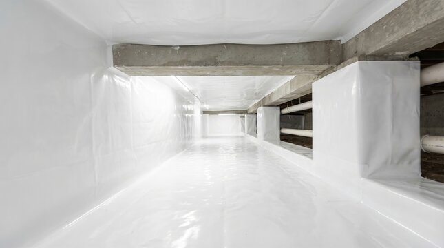 Residential crawl space with white vapor barrier encapsulation for moisture control.