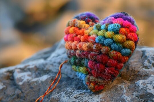 Vibrant handmade heart crafted from woven yarn rests on a rock, symbolizing the connection between love, nature, and handmade crafts