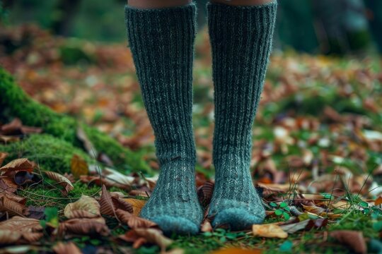 Woman wearing hand knitted woolen socks standing on autumn leaves and moss in forest