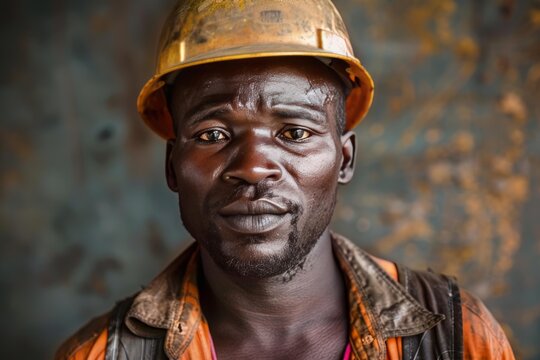 Close up of an african miner wearing a protective helmet, highlighting the challenging conditions of his profession