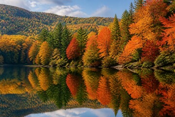 Autumn trees reflecting on calm lake at forest valley © Babb