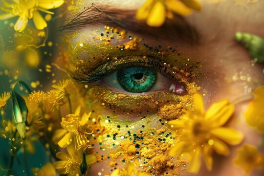 Close up of a woman's face with creative gold makeup and yellow flowers highlighting her captivating green eye