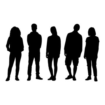 Five silhouettes of people standing together in a line