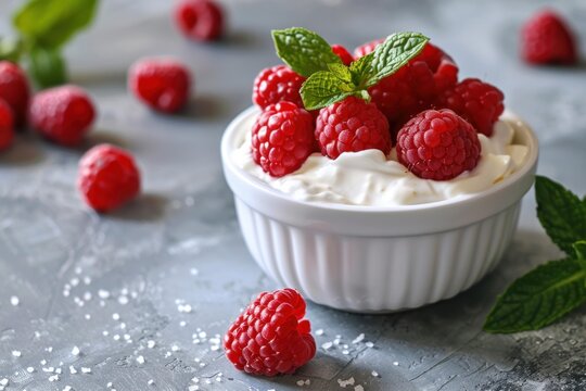 Delicious yogurt with fresh raspberries and mint leaves served in a white bowl on a gray background, perfect for a healthy breakfast or snack