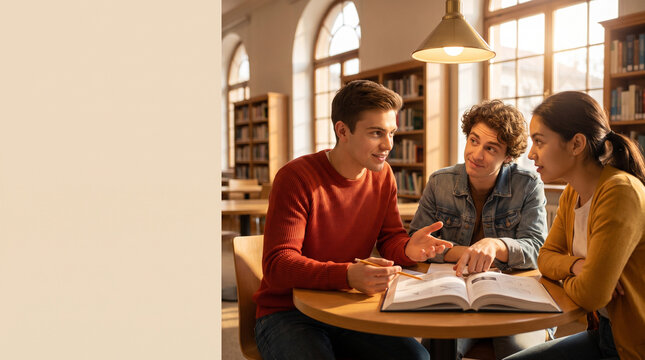 Three students discussing together at a table in a library  