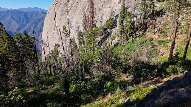 Golden morning sun illuminating massive Moro Rock granite dome in California
