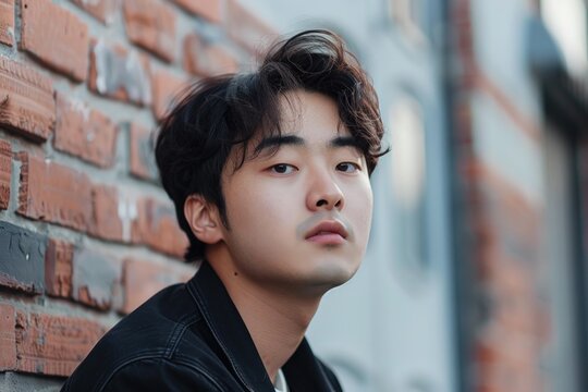 Portrait of a stylish young asian man with messy hair leaning against a brick wall, exuding a cool and urban vibe