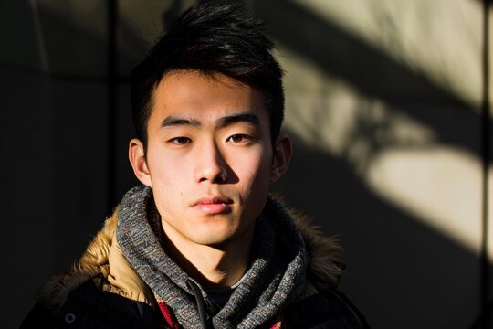 Portrait of a serious young asian man wearing winter clothes, standing in a shadowy area