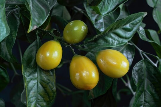 Multiple oval yellow and developing fruits hanging on a green plant branch close up