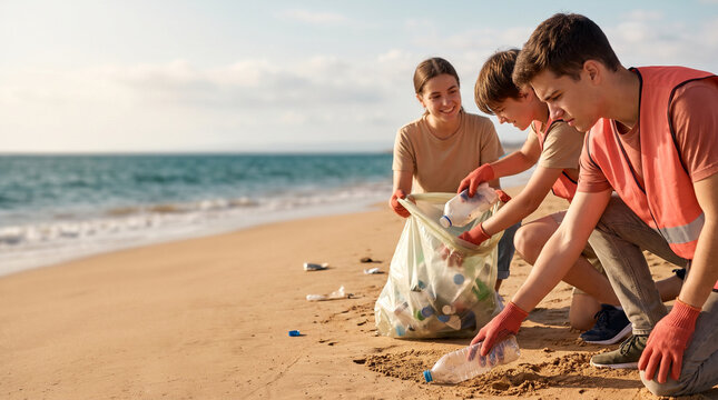 Group of young people cleaning up plastic waste on beach shore  