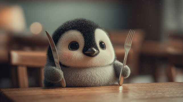 Cute penguin character holding a fork and knife at a wooden table.