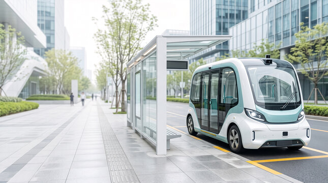 Autonomous shuttle bus at modern bus stop in urban city setting